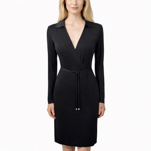 Vertigo Black Wrap Dress Wrinkle Free V-Neck Long Sleeve Knee Minimalist Size M